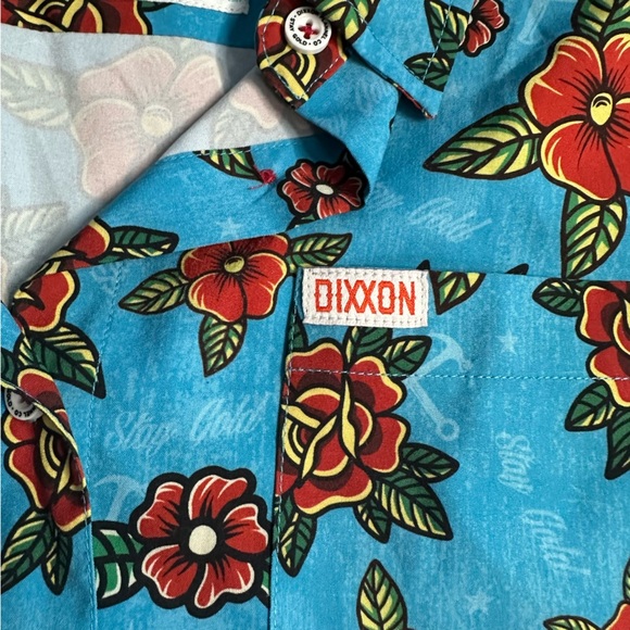 Dixxon Stay Gold Party Shirt Medium women’s Hawaiian blue red floral button up - Picture 9 of 12